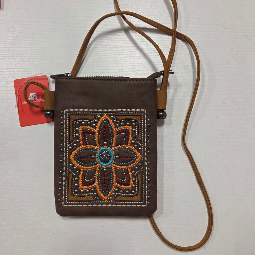 American Bling Western Embroidered Floral Studded Crossbody Phone Bag Brown New